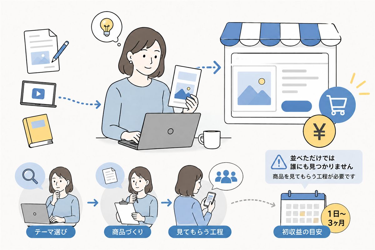 コンテンツ販売の流れ：自分の体験を記事にしてネットの店に並べ、テーマ選び→商品づくり→見てもらう工程を経て、初収益の目安は1日〜3ヶ月